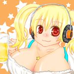  1girl alcohol beer beer_mug blonde_hair breasts brown_eyes cup headphones huge_breasts mug nitroplus plump super_pochaco yonoduki 