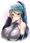  aqua_hair bare_shoulders between_breasts blush breasts commentary detached_sleeves embarrassed green_eyes hatsune_miku huge_breasts ichimatsu_(anaumemondai) impossible_clothes impossible_shirt jpeg_artifacts long_hair necktie necktie_between_breasts ponytail shirt solo upper_body vocaloid 