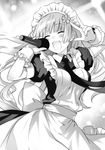  ^_^ closed_eyes date_a_live greyscale hair_ornament highres izayoi_miku long_hair maid maid_headdress microphone monochrome music novel_illustration singing smile solo tsunako wrist_cuffs 