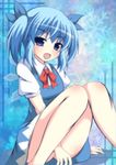  alternate_hairstyle blue_eyes blue_hair blue_skirt blush censored cirno convenient_leg error fang hair_ribbon ice ice_wings looking_at_viewer masiromu puffy_sleeves ribbon shirt short_sleeves sitting skirt smile solo touhou twintails upskirt wings 