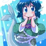  blue_eyes blue_hair blush geetsu hands_on_own_cheeks hands_on_own_face head_fins japanese_clothes looking_at_viewer mermaid monster_girl short_hair solo touhou underwater wakasagihime 