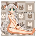  animal_ears bikini cat_ears checkered checkered_background green_eyes highres leonard_liew long_hair miss_monochrome miss_monochrome_(character) silver_hair solo swimsuit twintails 