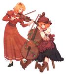  aki_minoriko aki_shizuha album_cover artist_name blonde_hair boots brown_eyes cello colored_pencil_(medium) cover hair_ornament hat instrument leaf leaf_hair_ornament maple_leaf multiple_girls music playing_instrument short_hair siblings simple_background sisters sitting smile stool terrajin touhou traditional_media violin white_background 