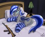  ak-74 arm_warmers bat bed belt blue_hair butt cutie_mark equine fangs female feral grey_skin gun hair horse lamp legwear looking_at_viewer lying mammal my_little_pony pillow pony ranged_weapon room solo stockings striped_stockings thestral weapon wings 
