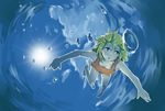  air_bubble barefoot blonde_hair breath bubble bubble_blowing diving exe336 freediving highres holding_breath light_rays ocean one-piece_swimsuit open_mouth original short_hair sun sunbeam sunlight swimming swimsuit underwater water yellow_eyes 