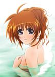  bathing blue_eyes blush covering covering_breasts diesel-turbo hair_up looking_at_viewer looking_back lyrical_nanoha mahou_shoujo_lyrical_nanoha_strikers nude orange_hair solo takamachi_nanoha 