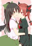  black_hair blush braid cape green_eyes hair_ribbon kaenbyou_rin multiple_girls ponytail red_eyes red_hair reiuji_utsuho ribbon satoimoya touhou twin_braids wings yuri 