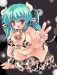  1girl aqua_hair bell breasts collar cow_girl cow_tail hanatsuyumamire horns large_breasts mamire plump solo tail v 