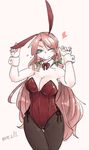  animal_ears blue_eyes bow bowtie braid breasts bunny_ears bunnysuit cleavage detached_collar hong_meiling large_breasts long_hair one_eye_closed pantyhose ponke red_hair revision touhou twin_braids wrist_cuffs 