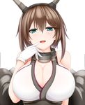  blue_eyes breasts brown_hair cleavage huge_breasts kantai_collection large_breasts mhf4 mutsu_(kantai_collection) open_mouth short_hair simple_background smile solo white_background 