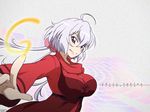  breasts character_name copyright_name dress hoppy_inochi jewelry large_breasts lavender_hair long_hair long_sleeves looking_at_viewer pendant purple_eyes red_dress senki_zesshou_symphogear solo symphogear_pendant yukine_chris 