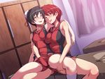  2girls bare_shoulders black_hair blush body_blush breasts bun_cover curtains dutch_angle female fingering full-face_blush gym_uniform hair_between_eyes hair_bun hand_under_clothes impossible_clothes impossible_shirt indoors kiss kneehighs large_breasts legs looking_at_viewer masturbation multiple_girls open_mouth red_eyes red_hair saliva saliva_trail senkou_no_lumina_zenpen:_sennyuu!_saint_alucard_jogakuen shirt short_hair sitting sleeveless smile socks spread_legs thighs tongue tongue_out wallpaper yellow_eyes yuri 