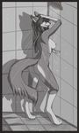  breasts butt canine coyote ear_piercing female fox greyscale jacqueline looking_at_viewer mammal mingchee monochrome nipple_piercing nipples piercing shower solo spoonyfox standing water wet 