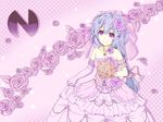  bouquet braid bride dress elbow_gloves flower gloves long_hair neptune_(series) purple_eyes purple_hair pururut smile solo wedding_dress yuzupie123 