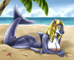  avoid_posting beach blonde_hair bottomless bra cleavage clothed clothing conditional_dnp dorsal_fin female fish_tail green_eyes hair hippocampus looking_at_viewer mermaid moodyferret no_feet on_stomach outside sea seashell seashell_bra seaside shiny solo starfish underwear water 