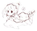 boots dolphin dress hat looking_at_viewer lying merlin_prismriver monochrome on_stomach smile solo stuffed_animal stuffed_dolphin stuffed_toy touhou uni_mate 