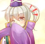  blush cape covering covering_mouth hat mononobe_no_futo niiya one_eye_closed ponytail short_hair silver_hair smile solo tate_eboshi touhou 