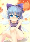  :&gt; blue_eyes blue_hair blush bow cirno hair_bow niiya one-piece_swimsuit school_swimsuit short_hair solo swimsuit touhou wings 