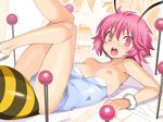  antennae bee_girl breasts breasts_outside character_request insect_girl insect_wings leotard looking_at_viewer needle nipples official_art open_mouth pink_eyes pink_hair rance_(series) rance_01 short_hair shunin small_breasts solo tears wings zoom_layer 