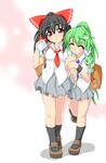  ^_^ alternate_costume arm_hug bag black_hair black_legwear blush bow breasts closed_eyes contemporary frog_hair_ornament green_hair hair_bow hair_ornament hair_tubes hakurei_reimu highres holding juice_box kochiya_sanae kokujuuji long_ponytail looking_at_another mary_janes medium_breasts multiple_girls necktie parted_lips pleated_skirt ponytail red_eyes school_uniform shirt shoes shoulder_bag skirt smile snake_hair_ornament socks touhou walking white_shirt wristband yuri 