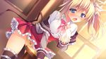  1girl anapom blonde_hair blue_eyes blush bow bow_panties bowtie breast_grab breasts clothed_masturbation crotch_rub endured_face female game_cg grabbing large_breasts lingerie long_hair masturbation panties ribbon shinonome_urara shukufuku_no_kane_no_oto_wa_sakura-iro_no_kaze_to_tomo_ni side_ponytail solo sunset table table_sex tablesex underwear window yellow_panties 