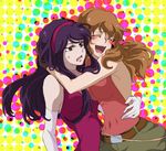  1girl aucie brown_hair christina_sierra gloves gundam gundam_00 happy hug long_hair otoko_no_ko purple_hair sweatdrop tieria_erde 