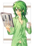  bad_id bad_pixiv_id breasts cleavage coffee glasses green_eyes green_hair miyako_u newspaper original pajamas panties small_breasts solo underwear 