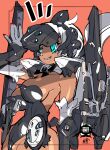  1girl advance_of_zeta advance_of_zeta_re-boot ahoge aqua_eyes black_leotard breasts clenched_teeth commentary_request covered_navel covered_nipples cowboy_shot dark_skin detached_collar elbow_gloves evil_smile from_side gaplant gloves gundam hand_up head-mounted_display highres kenki_fujioka large_breasts leotard mecha_musume notice_lines open_hand orange_background personification science_fiction simple_background smile solo standing strapless strapless_leotard teeth thighs white_hair zeta_gundam 