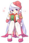  blue_hair christmas gift hat high_priest mary_janes minase_ruruu panties purple_eyes ragnarok_online santa_costume santa_hat shoes sitting smile solo thighhighs underwear 