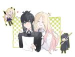  ! 2girls :d ? ?? amaya_tsubame black_coat black_hair black_necktie black_ribbon black_socks blonde_hair blue_eyes blue_skirt chibi closed_eyes coat collared_shirt demon demon_horns demon_tail demon_wings gakuen_idolmaster green_eyes green_outline hair_ribbon hands_on_another's_shoulders high_ponytail holding holding_paper horns idolmaster jacket juo_sena kneehighs long_hair long_sleeves looking_at_another mole mole_under_eye multicolored_hair multiple_girls necktie open_mouth outline paper papers pink_streaks pinkblueke pleated_skirt ponytail ribbon shirt simple_background skirt smile socks streaked_hair sweatdrop sword tail teeth very_long_hair weapon white_background white_jacket white_shirt wings yuri 