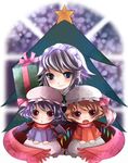  bad_id bad_pixiv_id bat_wings blonde_hair blue_eyes blue_hair christmas christmas_tree flandre_scarlet gift hairband hat izayoi_sakuya multiple_girls red_eyes remilia_scarlet ribbon scarf short_hair silver_hair star touhou wings younger yukibina 