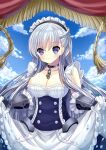  1girl apron apron_hold azur_lane belfast_(azur_lane) blue_dress blue_sky braid breasts broken broken_chain chain cleavage closed_mouth cloud collar commentary_request cowboy_shot dress frilled_apron frilled_dress frills gloves hair_between_eyes half_up_braid hane. large_breasts long_hair looking_at_viewer maid maid_headdress metal_collar purple_eyes sky sleeveless sleeveless_dress smile solo two-tone_dress white_apron white_dress white_gloves white_hair 