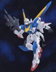  2025 absurdres artist_name beam_rifle commentary energy_gun english_commentary flying green_eyes gun gundam highres holding holding_gun holding_weapon mattikron mecha mecha_focus mobile_suit nebula no_humans open_hand robot science_fiction solo space star_(symbol) v-fin v2_gundam victory_gundam weapon zero_gravity 