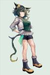  1girl animal_ears black_boots black_shorts boots breasts closed_mouth commentary_request ears_through_headwear full_body gloves green_eyes green_hair green_vest hand_on_own_hip hat horse_ears horse_girl horse_tail jacket kiseki_(miracle_author)_(umamusume) kiseki_(umamusume) large_breasts looking_at_viewer multicolored_hair short_hair shorts simple_background solo streaked_hair tail umamusume vest white_gloves white_jacket white_overskirt white_streaks yanagi_wakana yellow_hat 