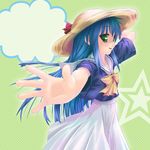  blue_hair dress foreshortening green_background green_eyes hand_on_headwear hands hat izumi_kanata kisaragi_miyu long_hair lucky_star outstretched_arm outstretched_hand solo star straw_hat 