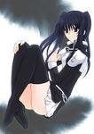  black_legwear blue_hair crossed_legs d.gray-man full_body knees_up lenalee_lee long_hair looking_at_viewer megumi_ryouko miniskirt pleated_skirt red_eyes sitting skirt solo thighhighs twintails white_skirt zettai_ryouiki 