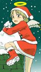  bell boots brown_hair chimney christmas haibane_renmei halo hat jingle_bell looking_back naotan rakka sack santa_costume santa_hat snow solo surprised wings 