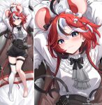  1girl absurdres ahoge animal_ears ardenlolo artist_name ascot barefoot black_bow black_bowtie black_hair blue_eyes bow bowtie closed_mouth commentary dakimakura_(medium) dice_hair_ornament english_commentary grey_ascot hair_ornament hakos_baelz hakos_baelz_(steel_rose) highres hololive hololive_english lying mouse_ears mouse_girl mouse_tail multicolored_hair nail_polish no_shoes on_back red_hair red_nails shirt single_thighhigh suspenders tail thighhighs toenail_polish toenails virtual_youtuber white_bow white_hair white_shirt white_thighhighs 