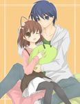  1girl antenna_hair black_eyes blue_hair brown_eyes brown_hair clannad dango_daikazoku furukawa_nagisa hood hoodie hug husband_and_wife okazaki_tomoya one_eye_closed pantyhose sanada_(artist) 