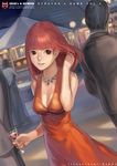  adjusting_hair alcohol bad_id bad_pixiv_id bare_shoulders breasts brown_eyes cleavage cup dress drinking_glass dutch_angle face hair_flip jewelry krenz long_hair medium_breasts necklace original party red_hair smile solo_focus wine wine_glass 