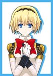  aegis_(persona) android blonde_hair blue_eyes bow megumi_ryouko persona persona_3 ribbon short_hair solo 