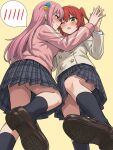  2girls ass_peek black_socks blue_eyes blush bocchi_the_rock! bow bowtie brown_shirt brown_shoes commentary_request cube_hair_ornament gotoh_hitori grey_skirt hair_ornament highres jacket kita_ikuyo multiple_girls one_eye_closed panties pantyshot pink_hair pink_jacket red_bow red_bowtie red_hair ryuhirohumi school_uniform shirt shoes shuka_high_school_uniform side_ahoge side_ponytail simple_background skirt socks spoken_blush sweat underwear white_panties yellow_background yellow_eyes yuri 