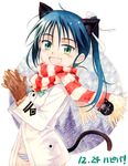  agahari animal_ears blue_hair blush cat_ears cat_tail fang francesca_lucchini gloves green_eyes hair_ribbon open_mouth panties ribbon scarf solo strike_witches striped striped_panties striped_scarf tail underwear uniform world_witches_series 