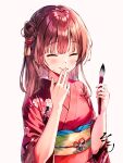  1girl ^_^ ai-generated alternate_costume alternate_hairstyle angel_maker blunt_bangs blush brown_hair calligraphy_brush closed_eyes closed_mouth commentary_request floral_print floral_print_kimono floral_print_sash flower hair_bun hair_flower hair_ornament hand_up happy heaven_burns_red highres holding holding_calligraphy_brush holding_paintbrush japanese_clothes kanzashi kimono kiryuu_miya laughing long_hair long_sleeves mole mole_under_eye new_year paintbrush print_kimono print_sash red_kimono sash signature simple_background single_side_bun smile solo straight_hair tassel tassel_hair_ornament upper_body white_background wide_sleeves yellow_sash 