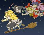  alice_margatroid bad_id bad_pixiv_id blonde_hair blue_hair broom broom_surfing charin covering_another's_eyes covering_eyes flandre_scarlet flying hairband hat heart holding_hands kirisame_marisa kiss multiple_girls red_eyes remilia_scarlet short_hair star touhou trembling wings witch_hat yuri 
