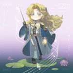  1boy 6_(reverse:1999) bass_clef black_boots black_gloves blonde_hair blue_background blue_eyes boots cape closed_mouth commentary_request conductor_baton deformed eighth_note flower full_body gloves gradient_background grey_cape grey_robe highres holding_baton lantern lily_pad long_hair looking_at_viewer male_focus metal_0521 musical_note musical_staff official_alternate_costume purple_background reverse:1999 robe scroll solo standing treble_clef water_lily_flower watermark 