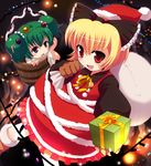  aro blonde_hair bucket christmas gift green_hair hat holding holding_gift in_bucket in_container kisume kurodani_yamame multiple_girls purple_eyes red_eyes ribbon santa_costume santa_hat short_hair touhou wooden_bucket 