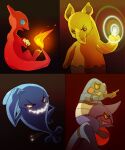 2others blue_eyes carrying charmeleon commentary croagunk crossed_legs drowzee evil_grin evil_smile fire flame-tipped_tail grid_teeth grin msh multiple_others piggyback pointing pointing_forward pokemon pokemon_(creature) smile tail telekinesis toxicroak wobbuffet 