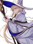  1girl aesc_(fate) aesc_(rain_witch)_(fate) black_dress blonde_hair blue_eyes blush bow bowtie braid breasts brooch chain cloak closed_mouth commentary dress fate/grand_order fate_(series) glasses gold_trim hat highres jewelry large_breasts long_hair long_sleeves looking_at_viewer natu_zame round_eyewear side_ponytail smile solo two-tone_dress variant_set white_cloak white_dress white_hat wide_sleeves witch_hat wooden_staff 