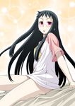  ar_tonelico ar_tonelico_ii bed black_hair blush bottomless jakuri kouda_tomohiro legs long_hair naked_shirt open_mouth purple_eyes raglan_sleeves shirt sitting solo t-shirt 